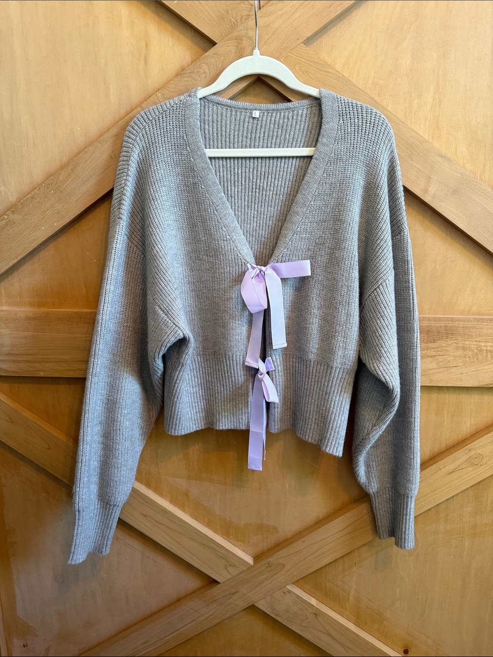SHEIN Gray V-Neck Cropped Sweater with Lilac Ribbon Ties